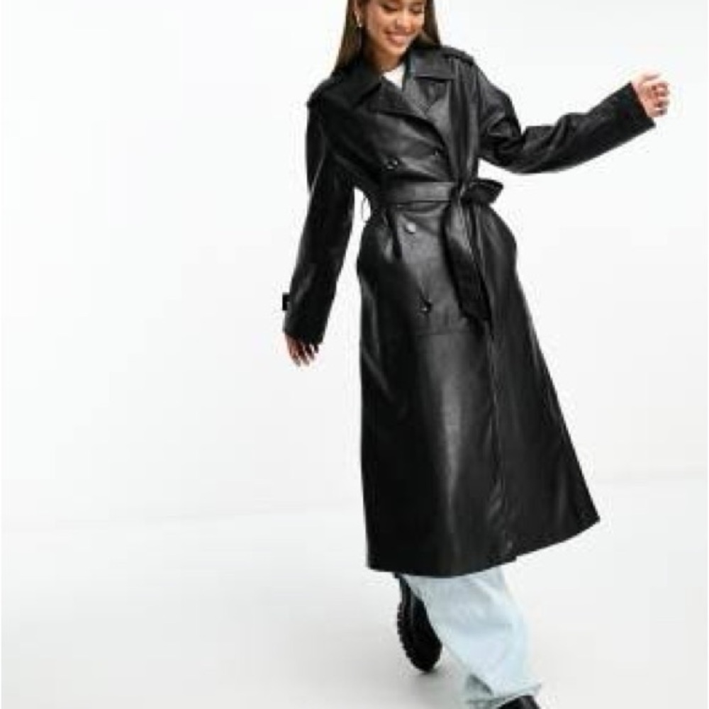 Mango Black Faux Leather Trench Coat